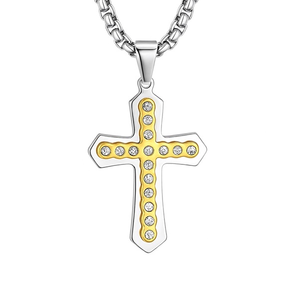MoonFlowerBtq Other - Men’s Two-Tone Cross Pendant Necklace with CZ Stones – Stainless Steel Chain